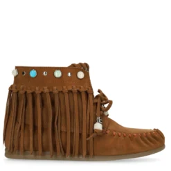 Cognac suède veterschoenen met franjes