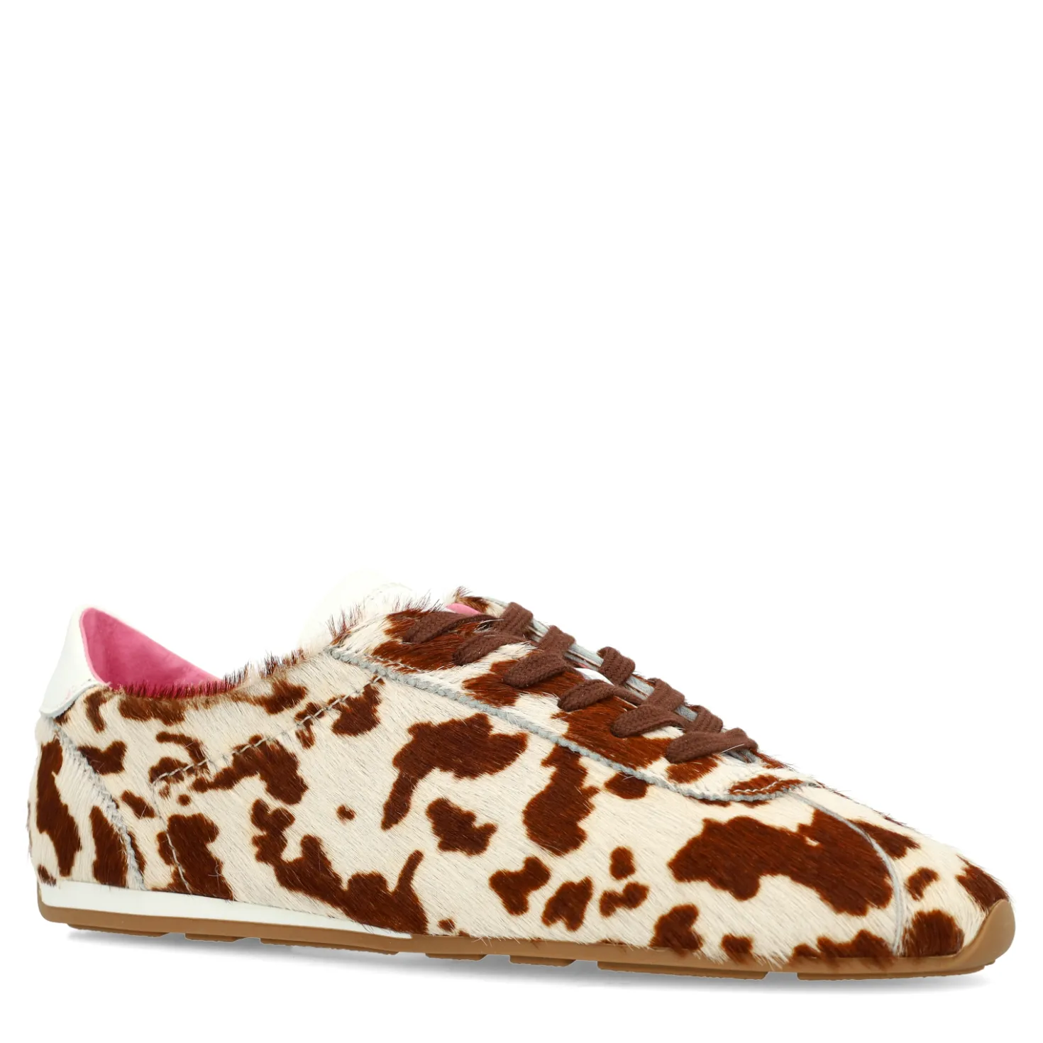 Cow print sneakers met roze en bruine veters