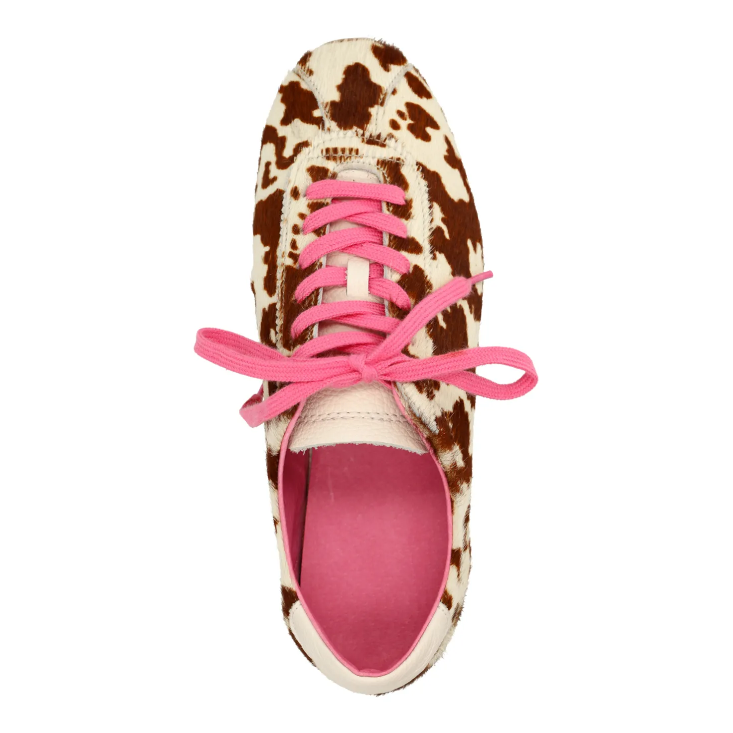 Cow print sneakers met roze en bruine veters