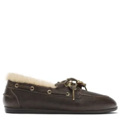 Donkerbruine leren bootschoenen met wol