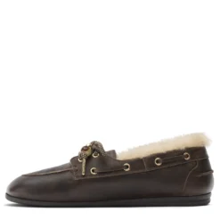 Donkerbruine leren bootschoenen met wol