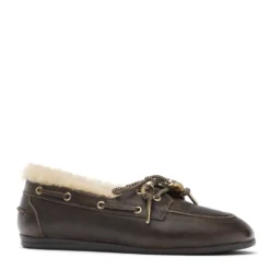 Donkerbruine leren bootschoenen met wol