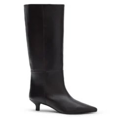 Donkerbruine leren hoge laarzen met kitten heel