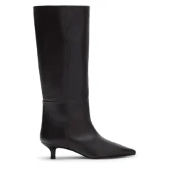 Donkerbruine leren hoge laarzen met kitten heel