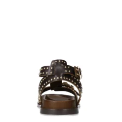 Donkerbruine leren sandalen met goudkleurige buckles en studs