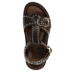 Donkerbruine leren sandalen met goudkleurige buckles en studs
