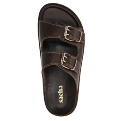 Donkerbruine leren slippers met goudkleurige buckles