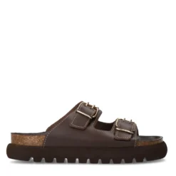 Donkerbruine leren slippers met goudkleurige buckles