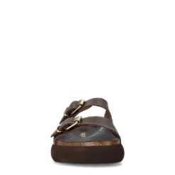 Donkerbruine leren slippers met goudkleurige buckles