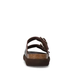 Donkerbruine leren slippers met goudkleurige buckles