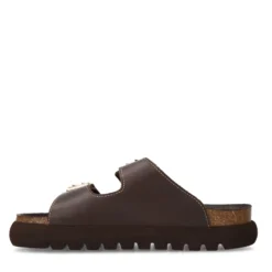 Donkerbruine leren slippers met goudkleurige buckles