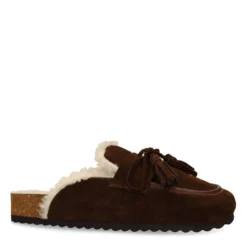 Donkerbruine suède clogs met wol