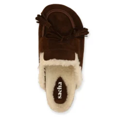Donkerbruine suède clogs met wol