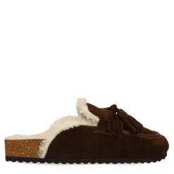 Donkerbruine suède clogs met wol