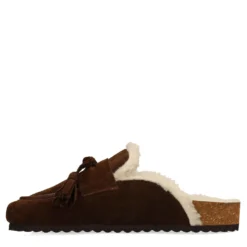 Donkerbruine suède clogs met wol