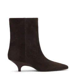 Donkerbruine suède enkellaarsjes met kitten heel