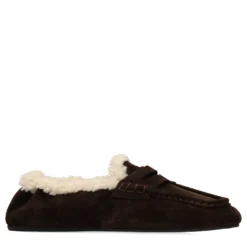 Donkerbruine suède faux fur loafers