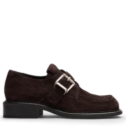Donkerbruine suède gespschoenen met zilverkleurige buckle