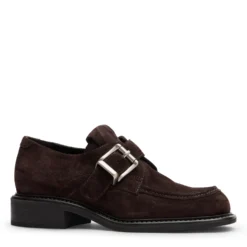 Donkerbruine suède gespschoenen met zilverkleurige buckle