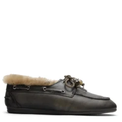Donkergrijze leren bootschoenen met wol