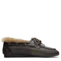 Donkergrijze leren bootschoenen met wol