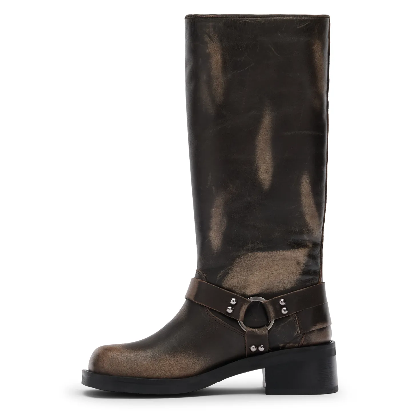 Greywashed buckle biker boots