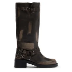 Greywashed buckle biker boots