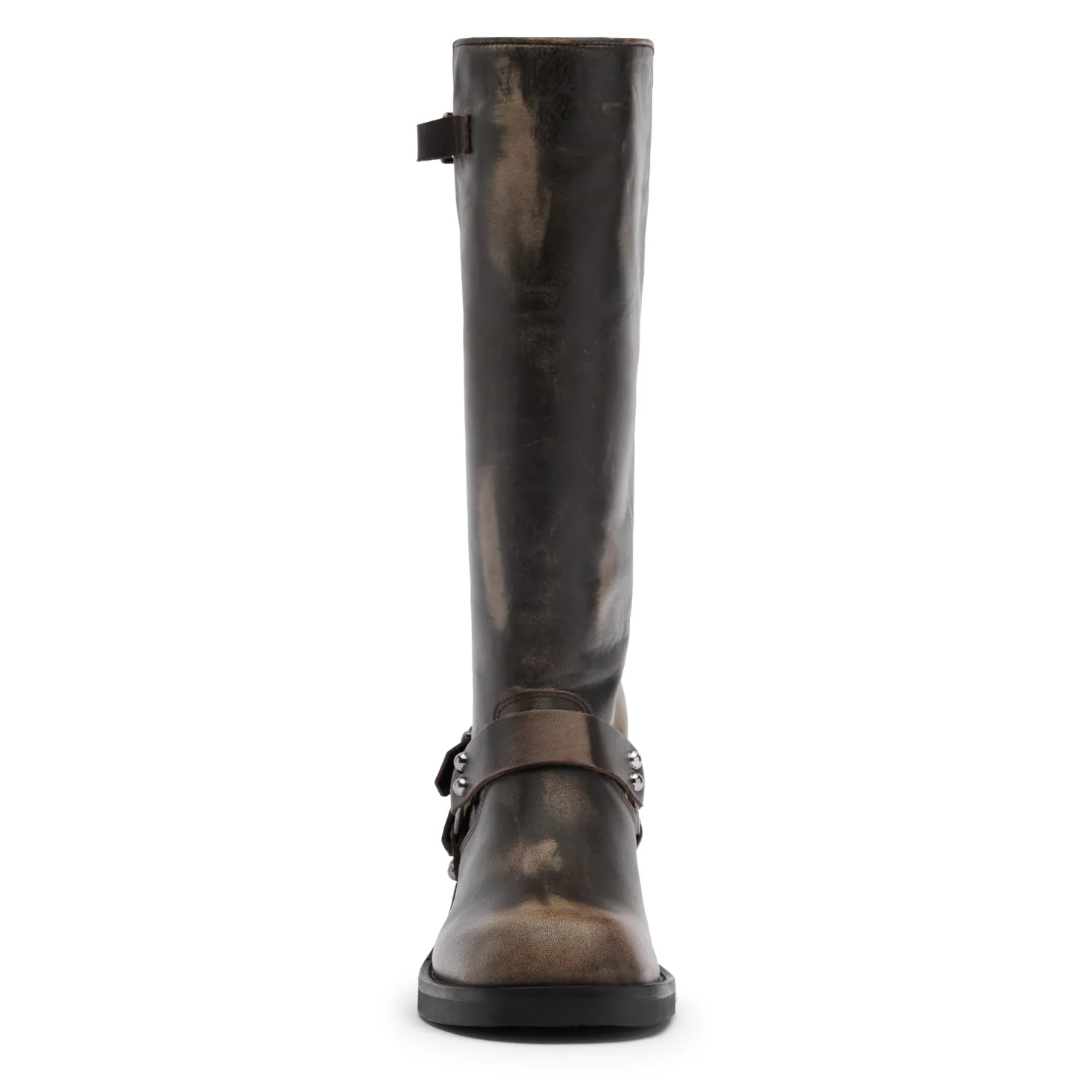 Greywashed buckle biker boots