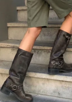 Greywashed buckle biker boots