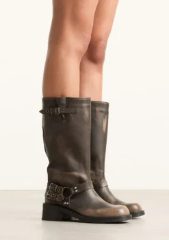 Greywashed buckle biker boots