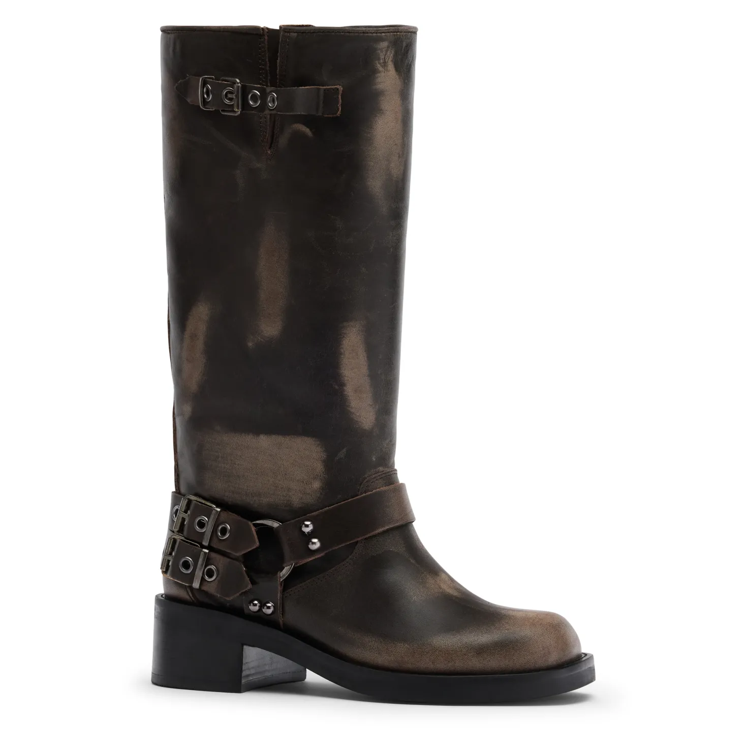 Greywashed buckle biker boots