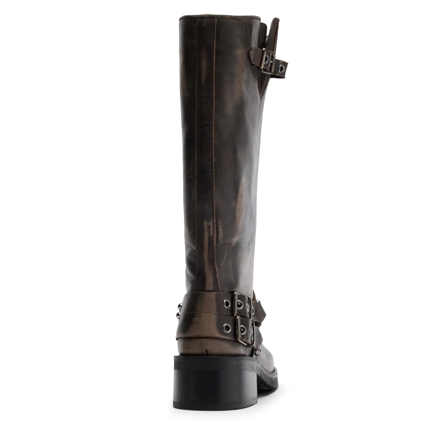 Greywashed buckle biker boots