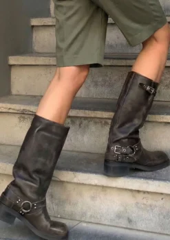 Greywashed buckle biker boots