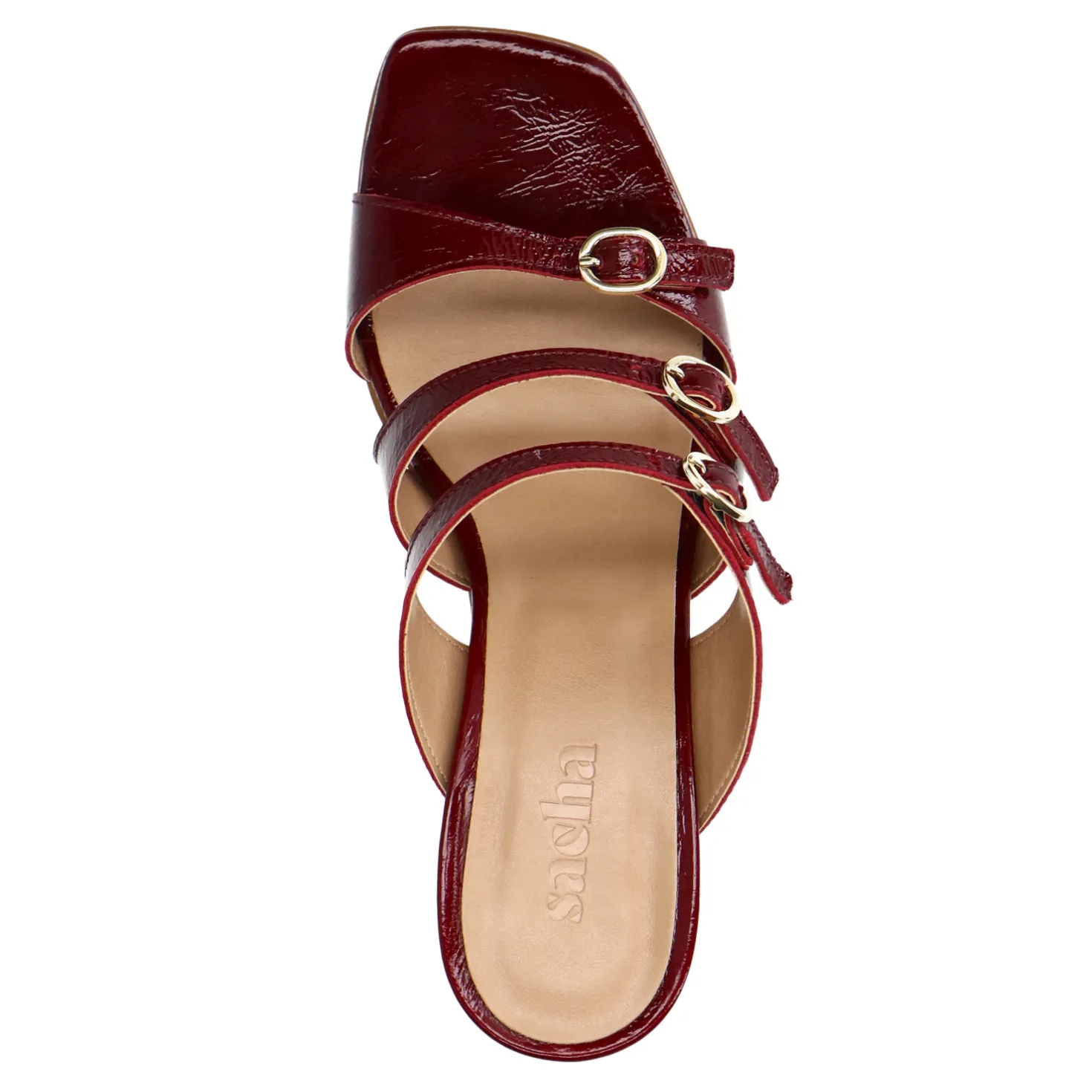 Rode leren sandalen met hak en gespen