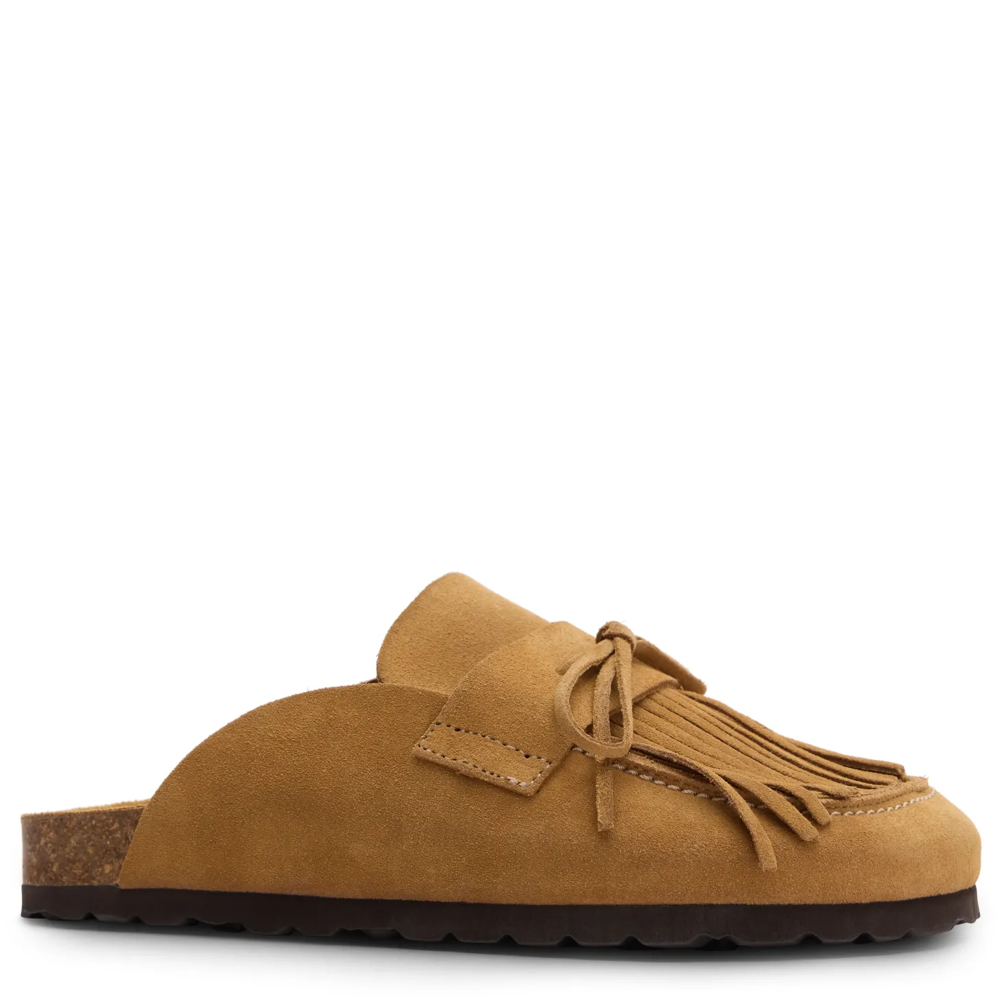 Taupe suède clogs met franjes
