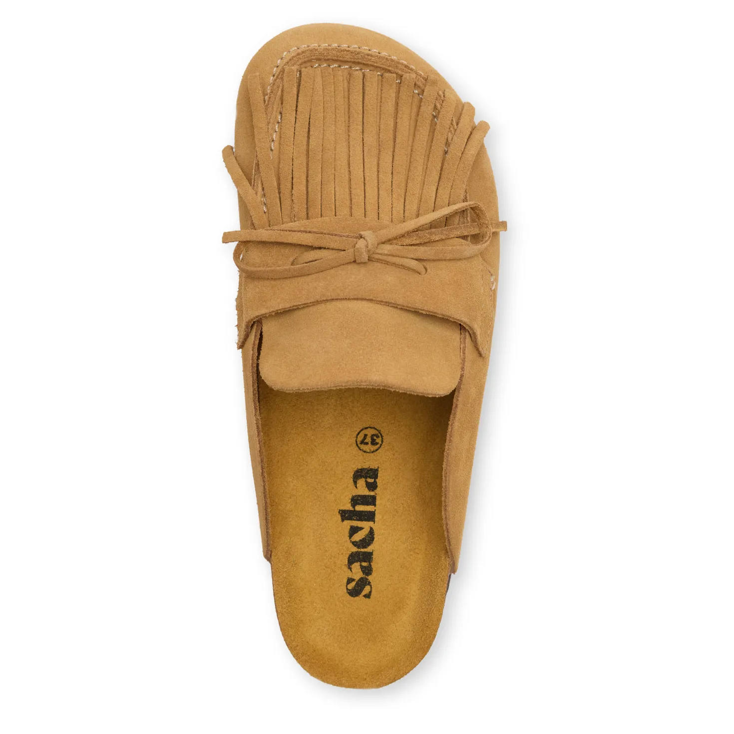 Taupe suède clogs met franjes