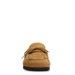 Taupe suède clogs met franjes