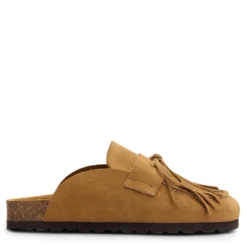Taupe suède clogs met franjes