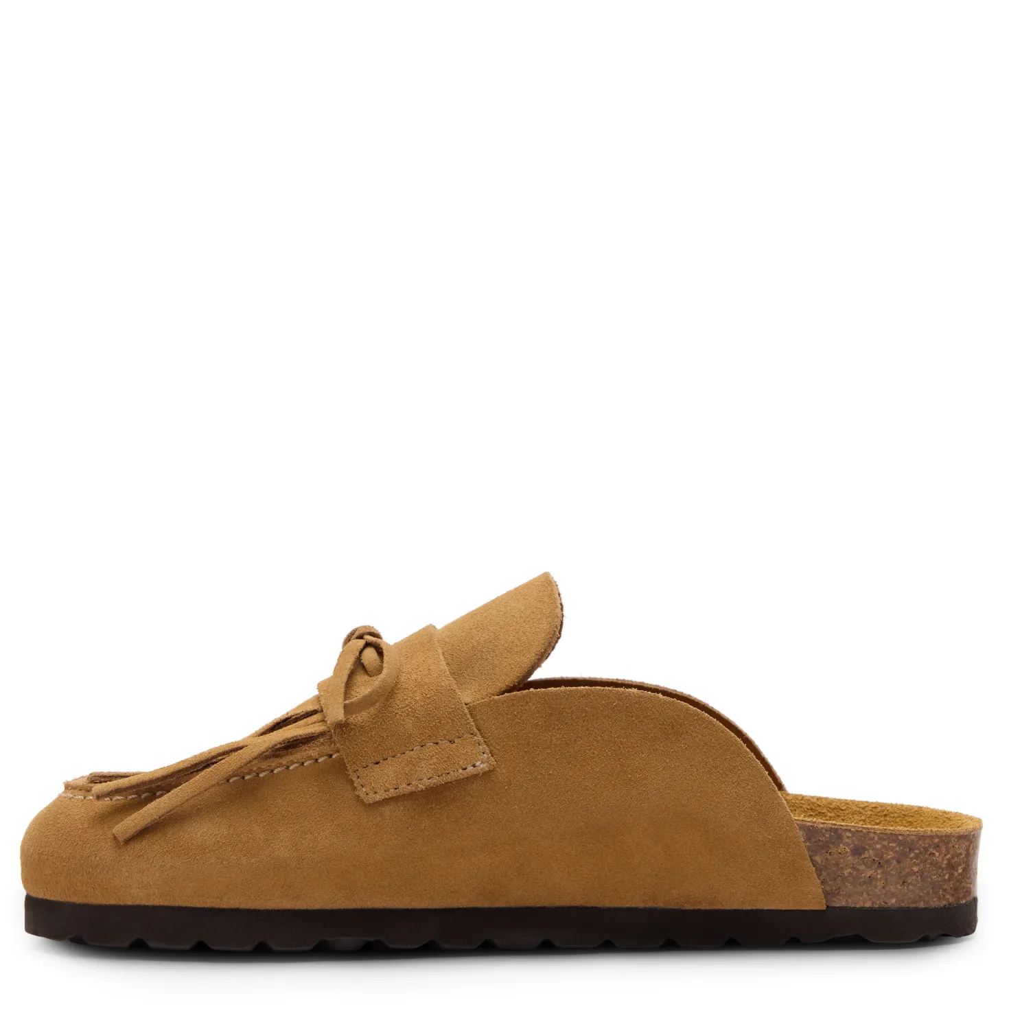 Taupe suède clogs met franjes