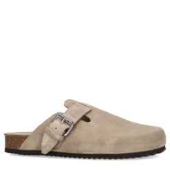 Taupe suède clogs met gesp