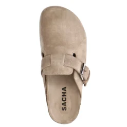 Taupe suède clogs met gesp