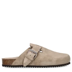 Taupe suède clogs met gesp