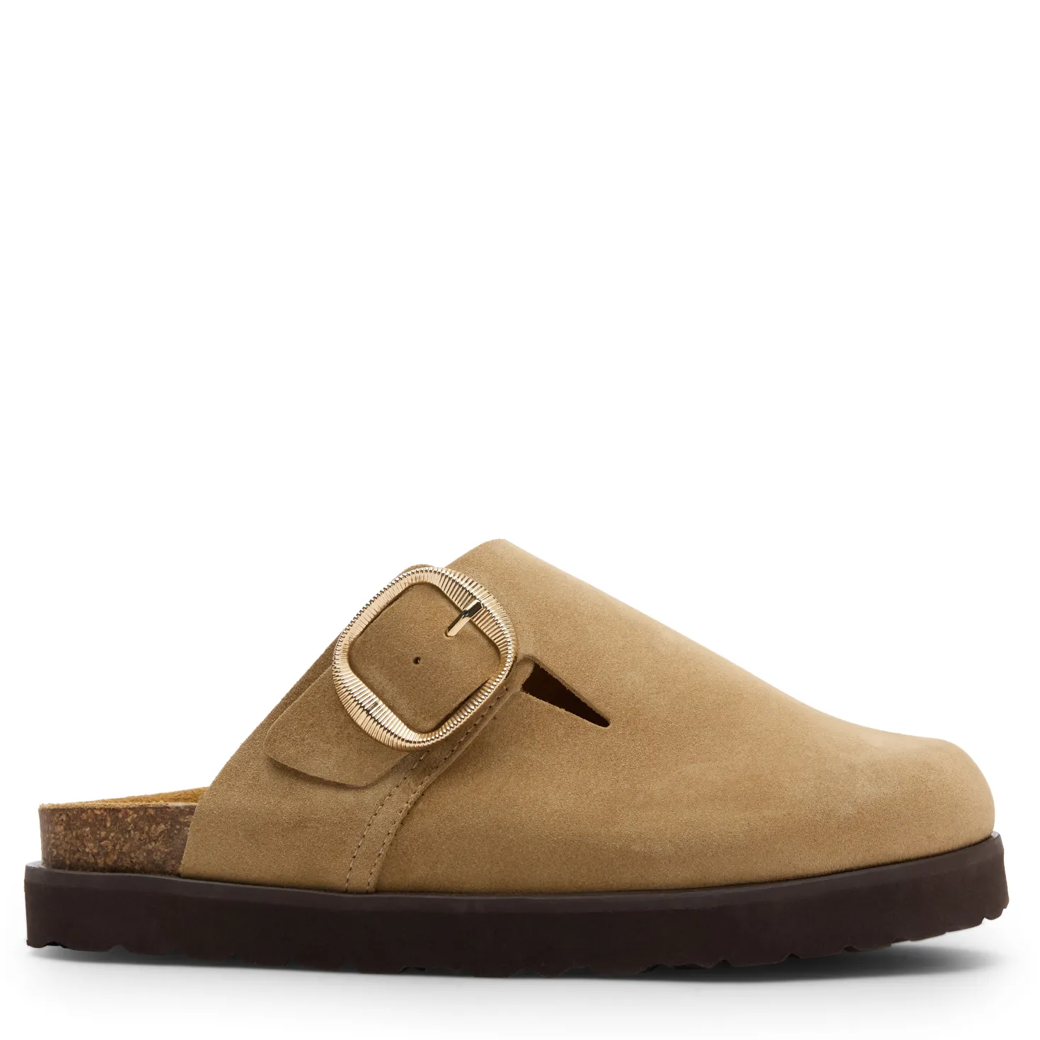 Taupe suède clogs met gesp