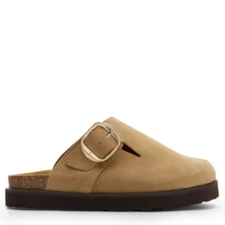 Taupe suède clogs met gesp