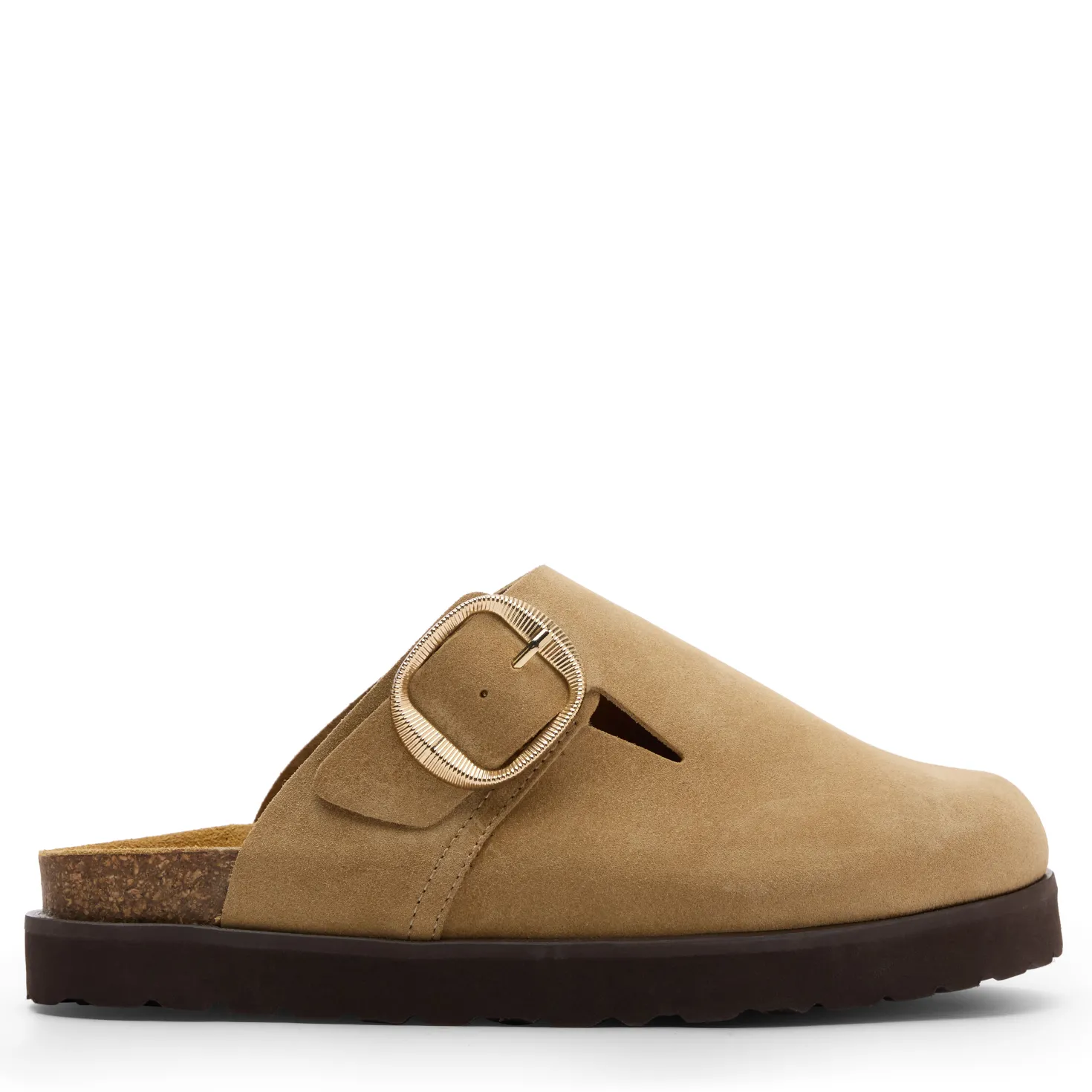 Taupe suède clogs met gesp