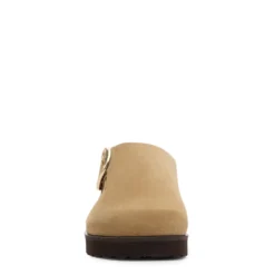 Taupe suède clogs met gesp