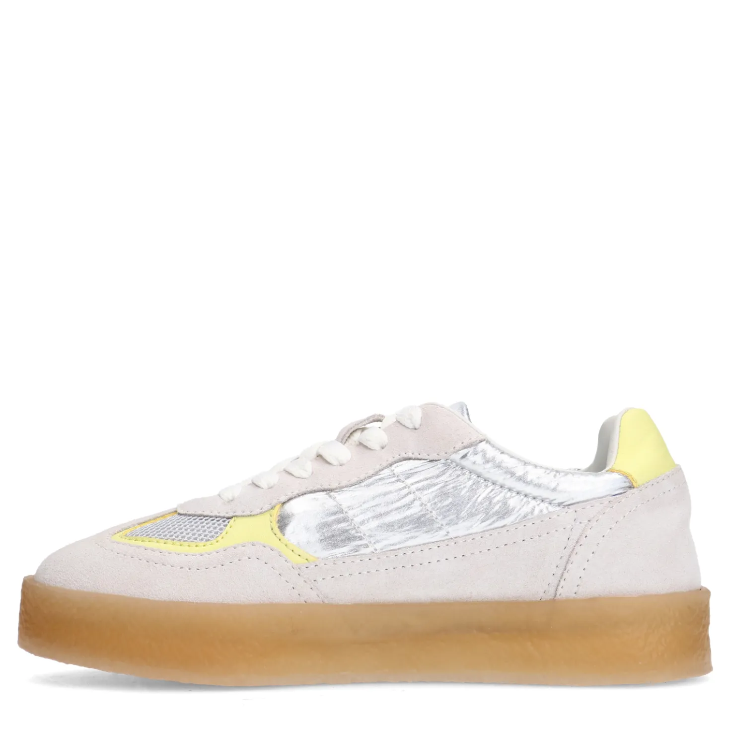 Zilveren suède sneakers met gele details