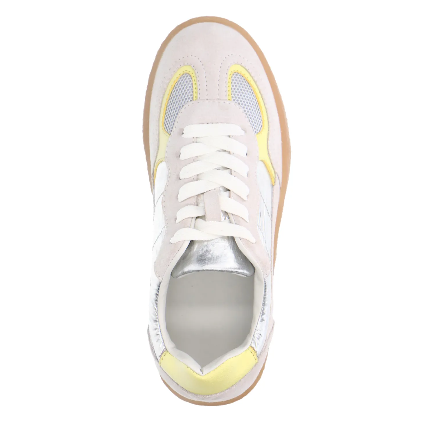Zilveren suède sneakers met gele details