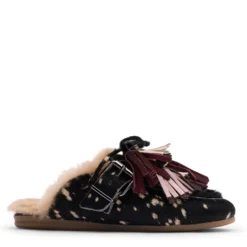 Zwarte bambi print muiltjes met wol