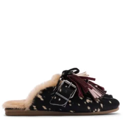 Zwarte bambi print muiltjes met wol